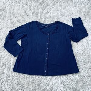 SUSAN GRAVER Style Snap Button Top Plus Women 1X Cotton Long Sleeve Navy Lace